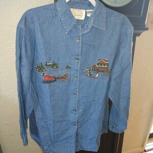 Vintage Jean Shirt Christmas Embroidered Women’s Sz M By Ninon de Lenclos